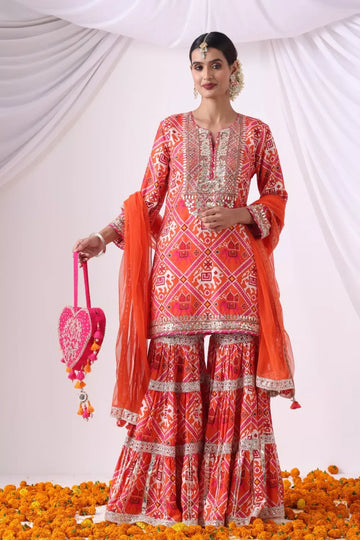 Digital Printed Short Kurta with Gharara Set