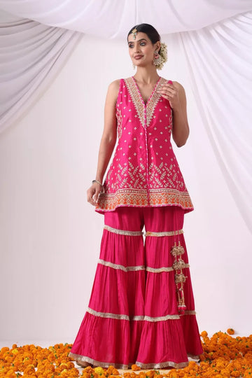 Magenta Short Jacket with Gharara Set