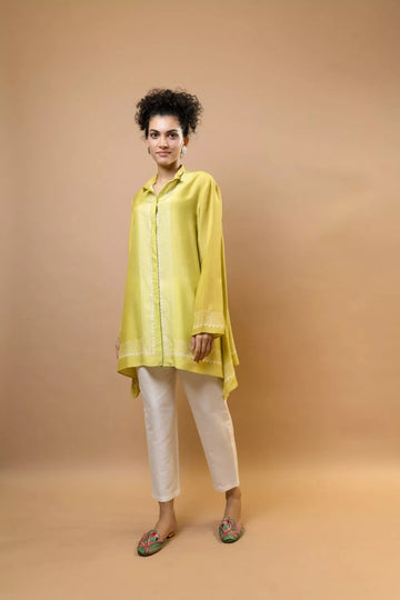Olive lime ombre block-printed asymmetric shirt