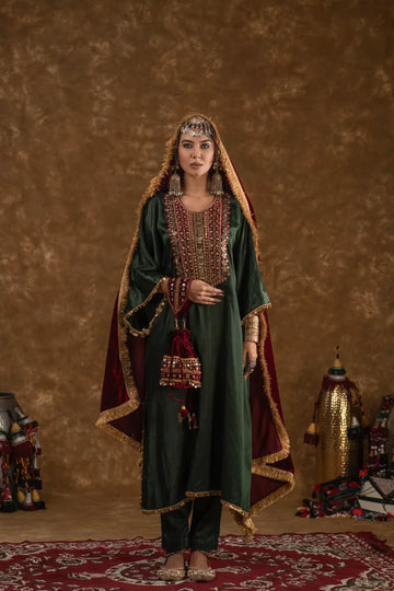 Zahra Dark Green and Maroon 3pc set