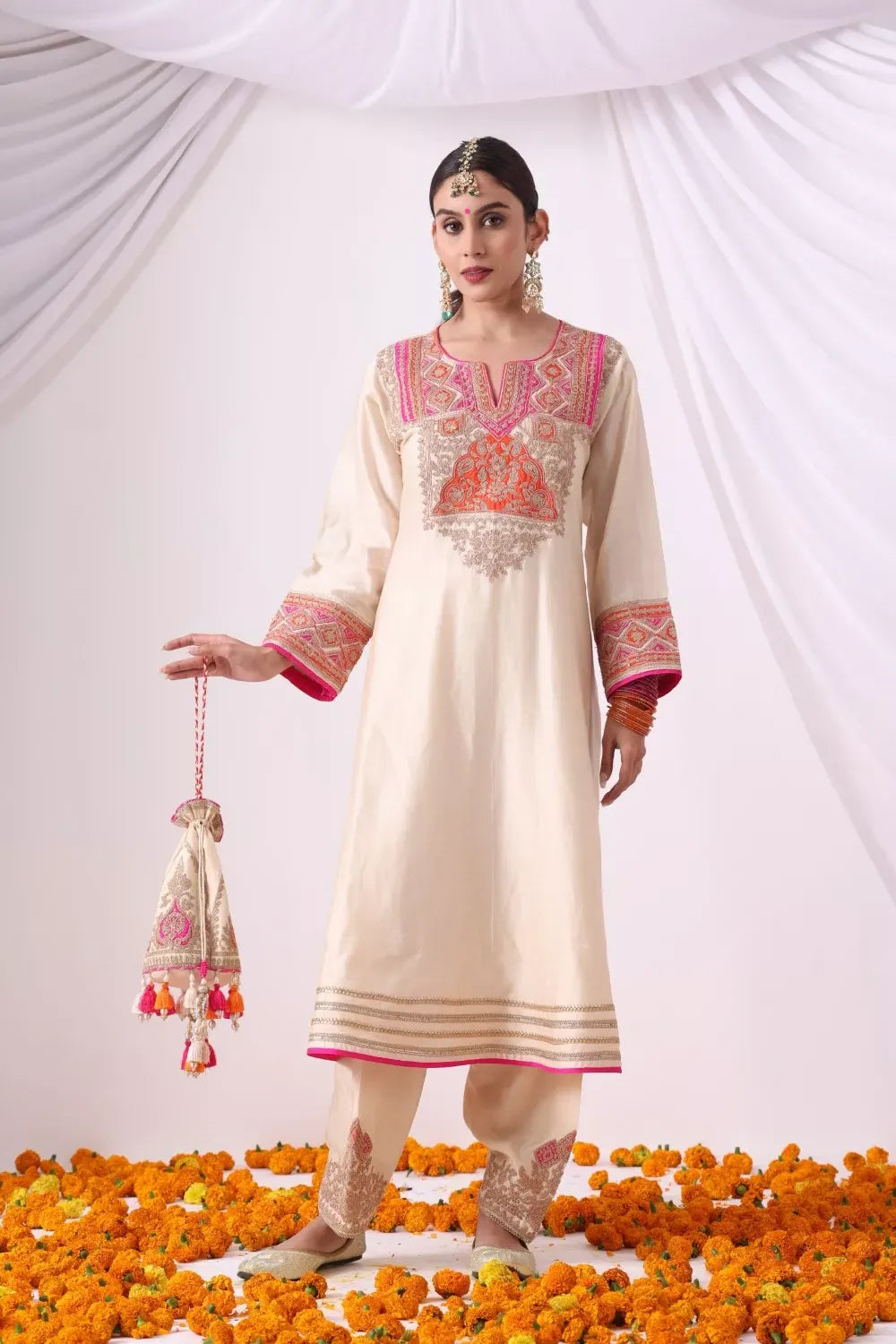 Beige Long Kalidar Choga with Salwar