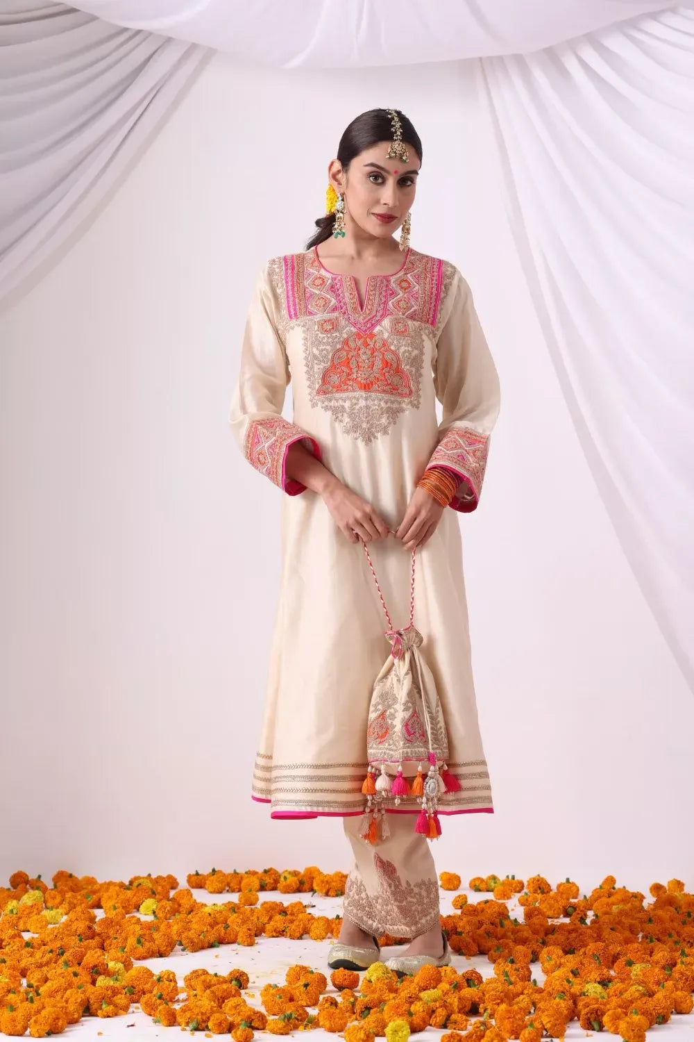 Beige Long Kalidar Choga with Salwar