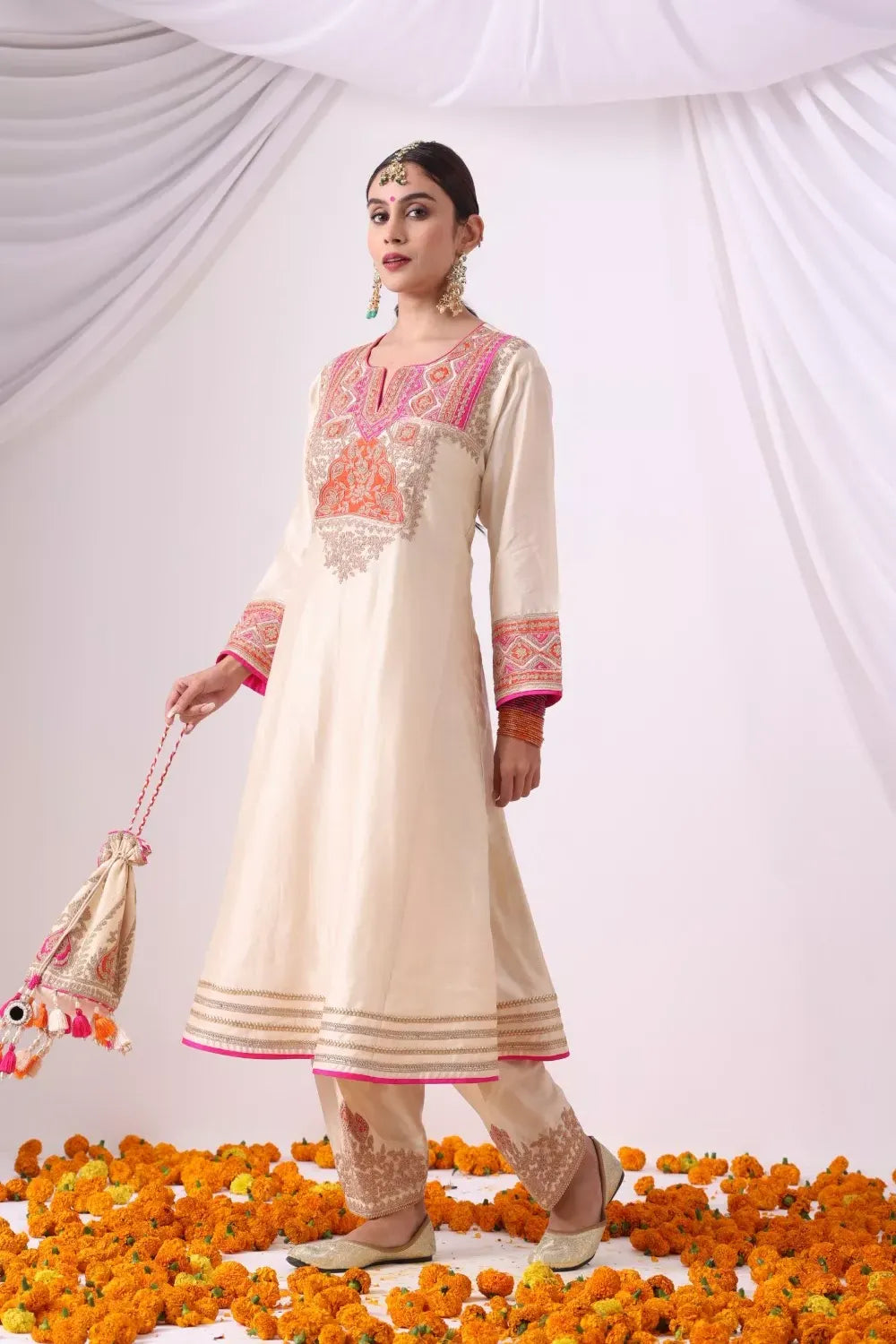 Beige Long Kalidar Choga with Salwar