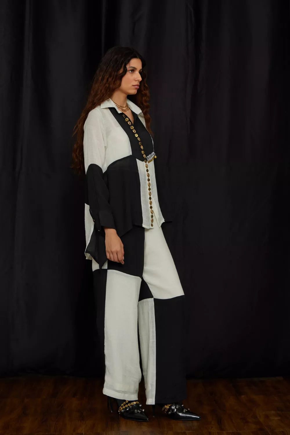 Black and White panelled jhalar shirt set