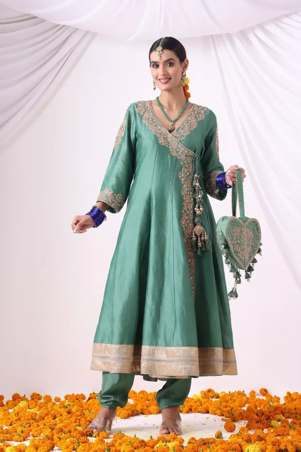 Green Long Angrakha Set