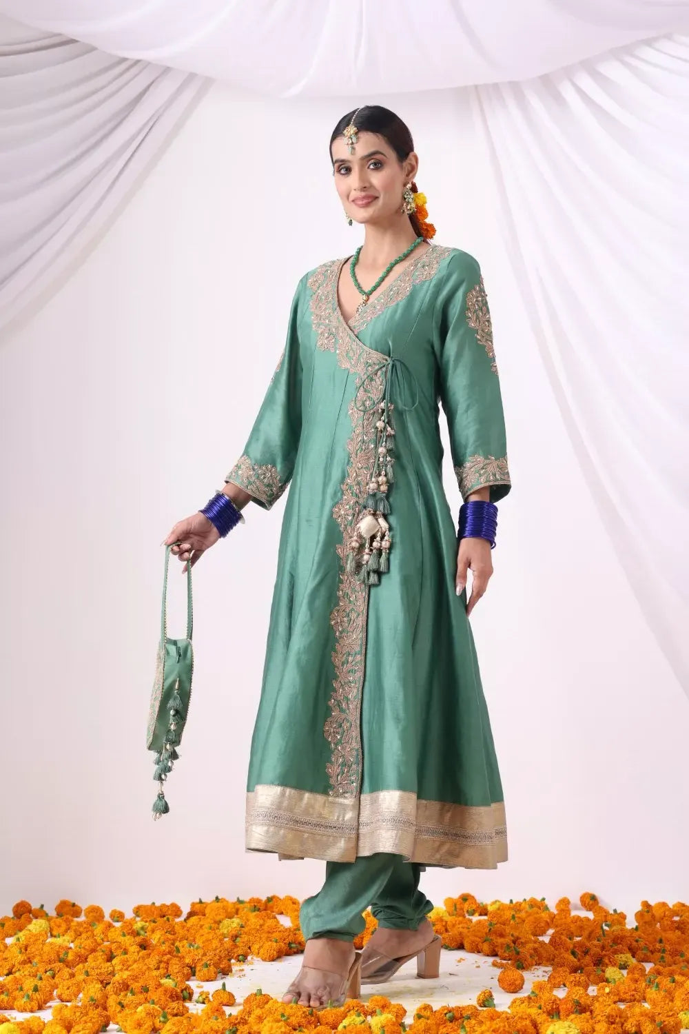 Green Long Angrakha Set