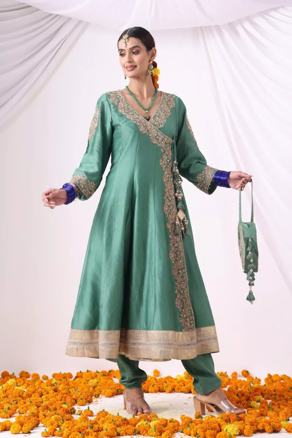 Green Long Angrakha Set