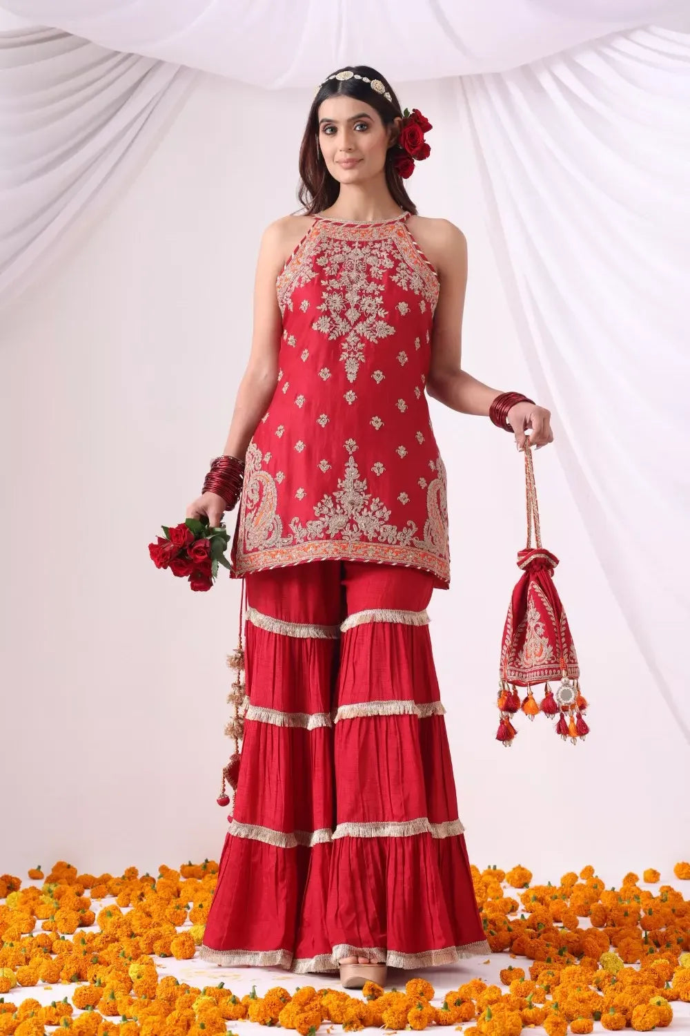 Maroon Hulter Kurta with Gharara Set