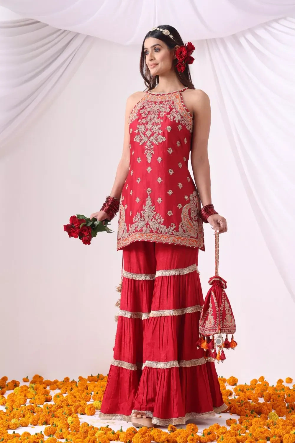 Maroon Hulter Kurta with Gharara Set