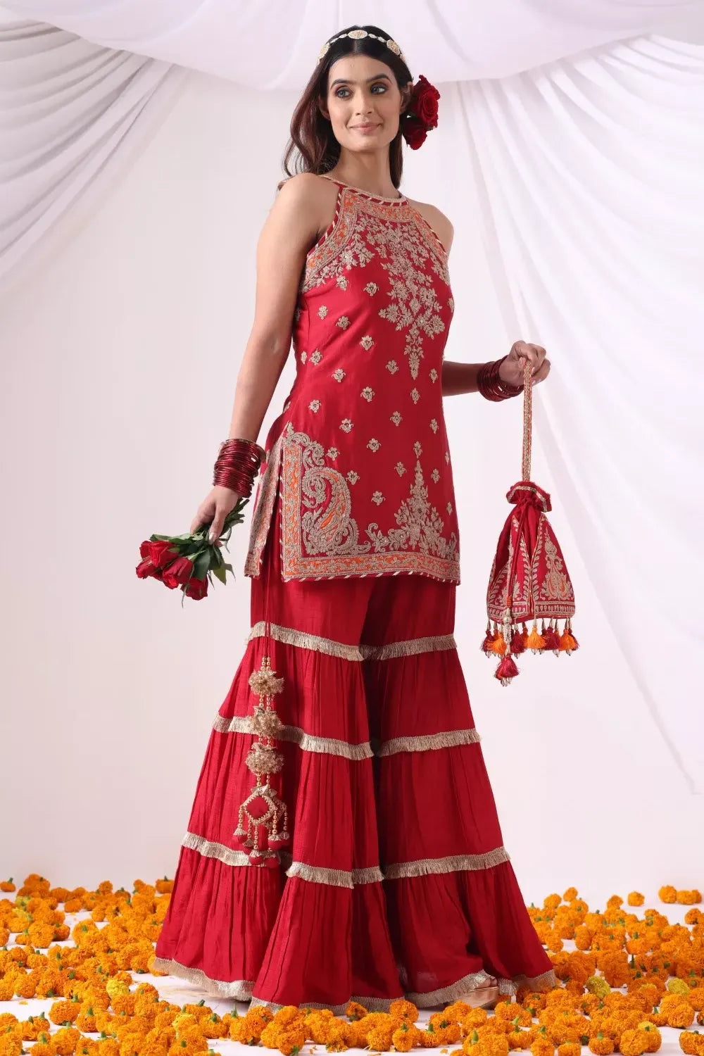 Maroon Hulter Kurta with Gharara Set