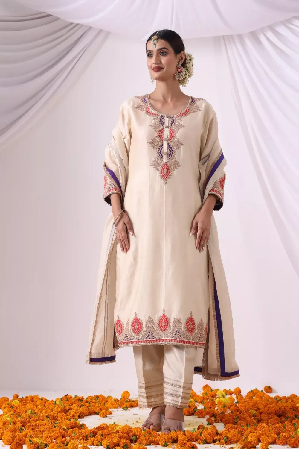 Off White Long Kurta with Palazo