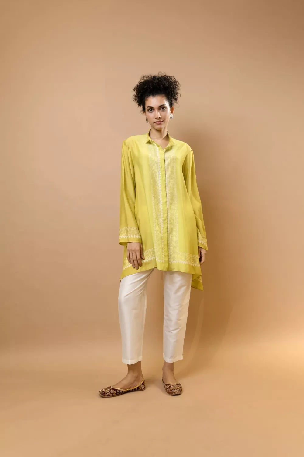 Olive lime ombre block-printed asymmetric shirt