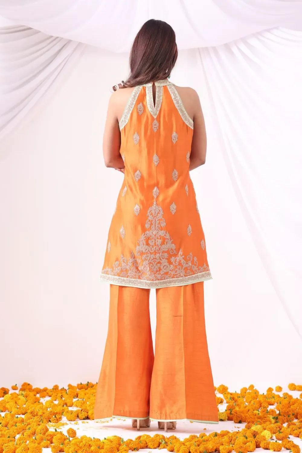 Orange Halter Kurta with Flared Pants