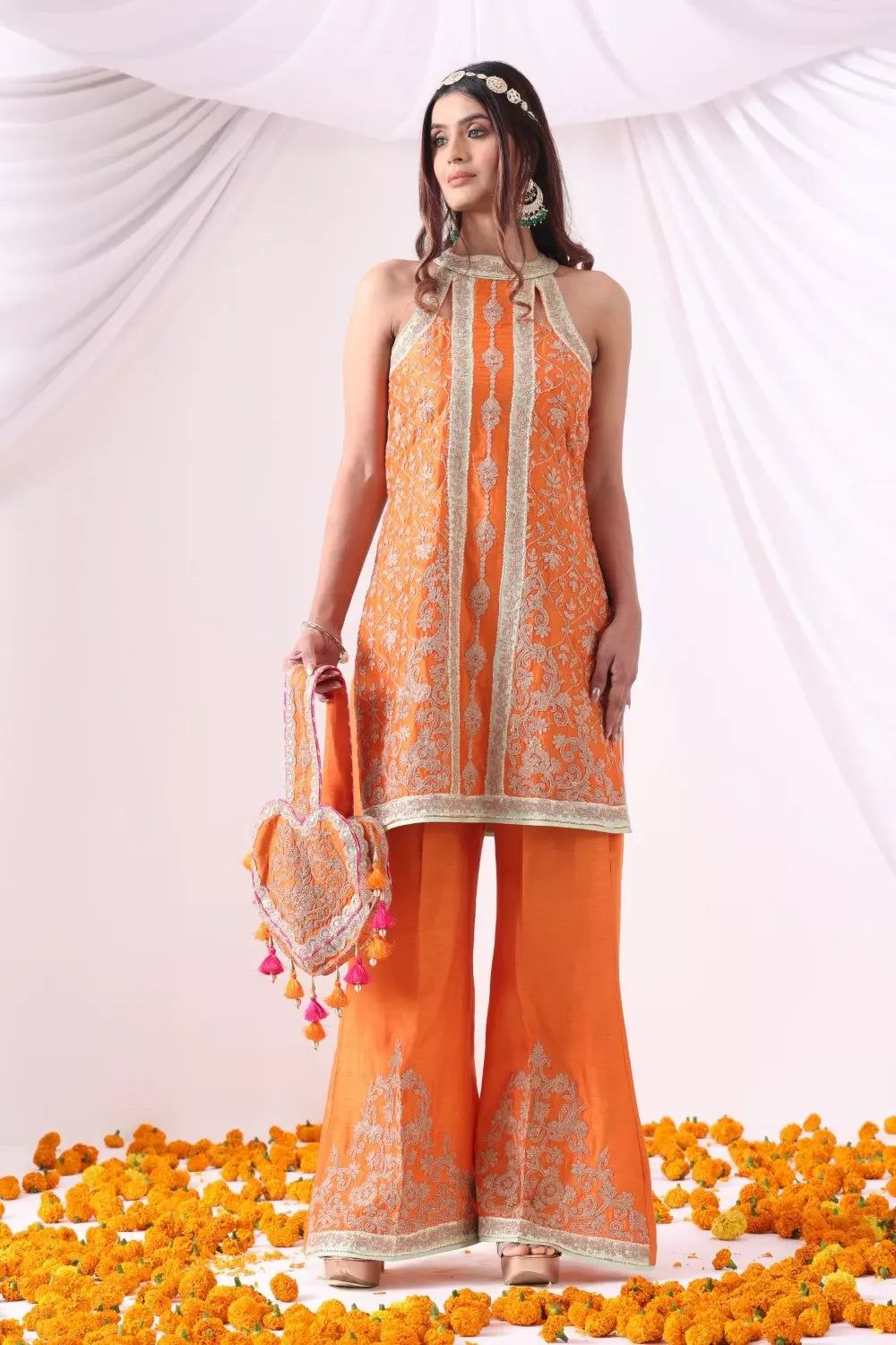 Orange Halter Kurta with Flared Pants