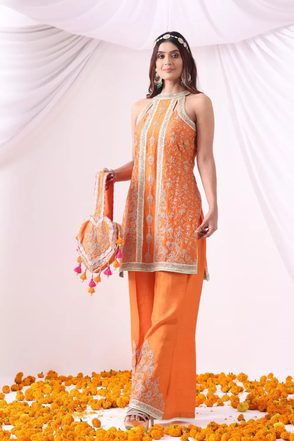 Orange Halter Kurta with Flared Pants