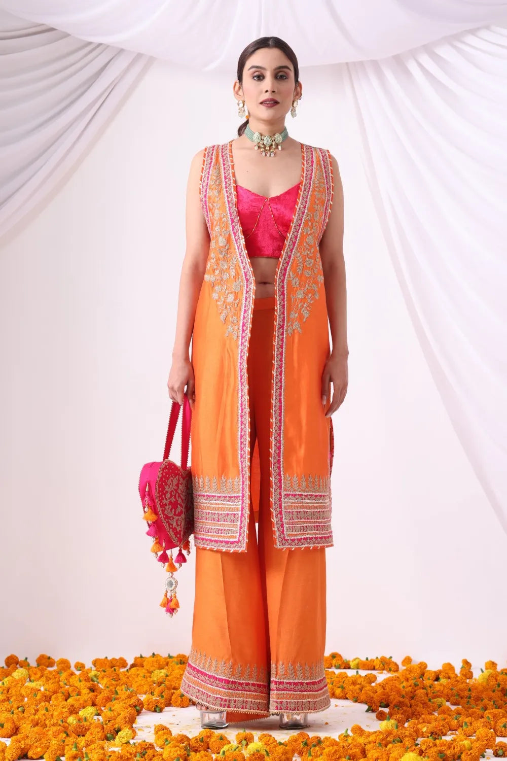 Orange Long Jacket with Flore Panrt