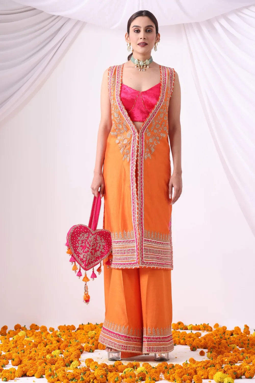 Orange Long Jacket with Flore Panrt