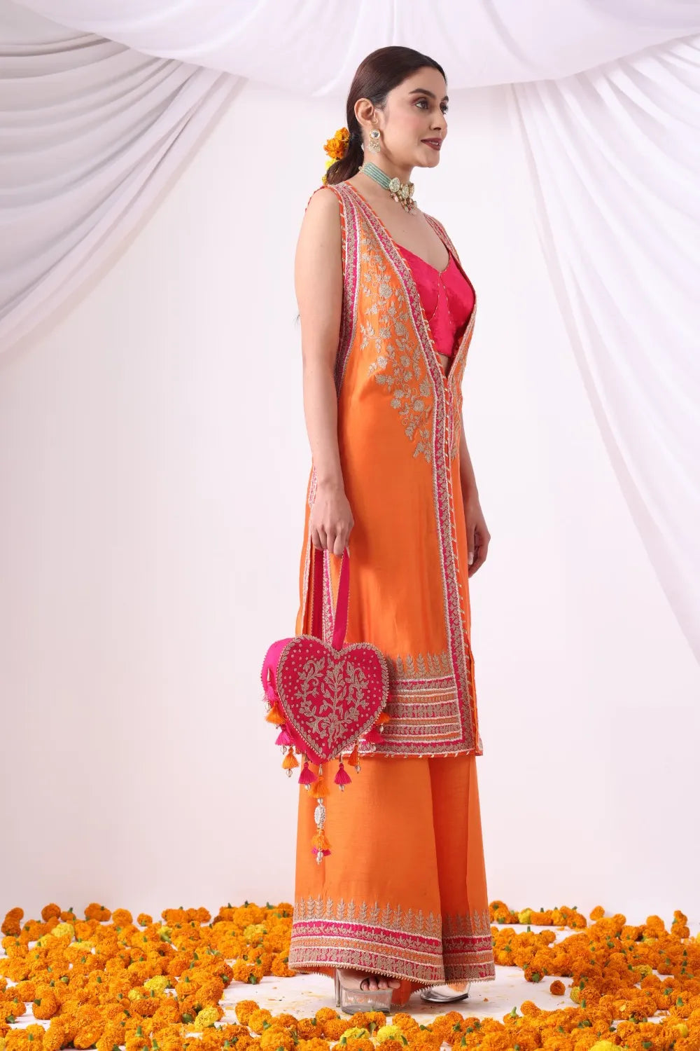 Orange Long Jacket with Flore Panrt