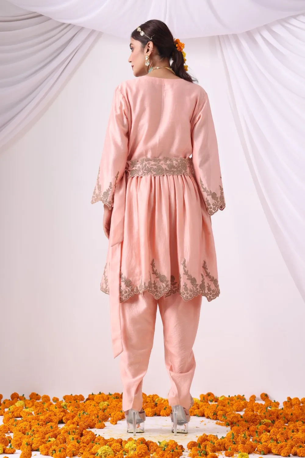 Peach Dhoti with Paplum Shirt