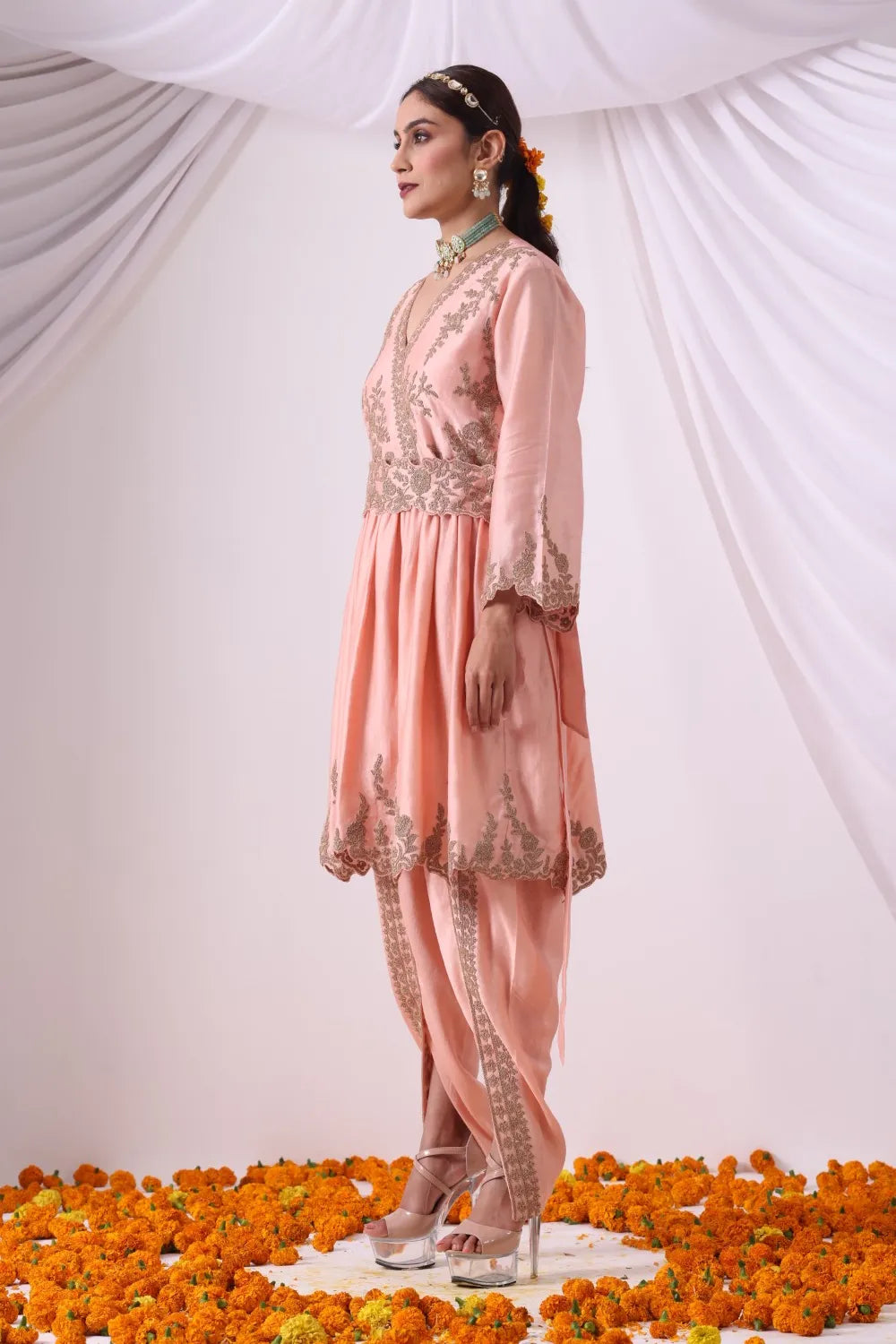 Peach Dhoti with Paplum Shirt