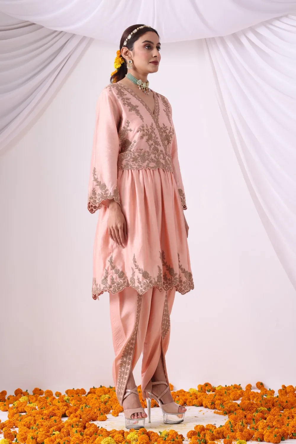 Peach Dhoti with Paplum Shirt