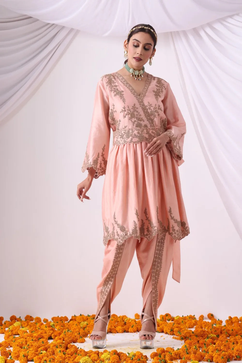 Peach Dhoti with Paplum Shirt