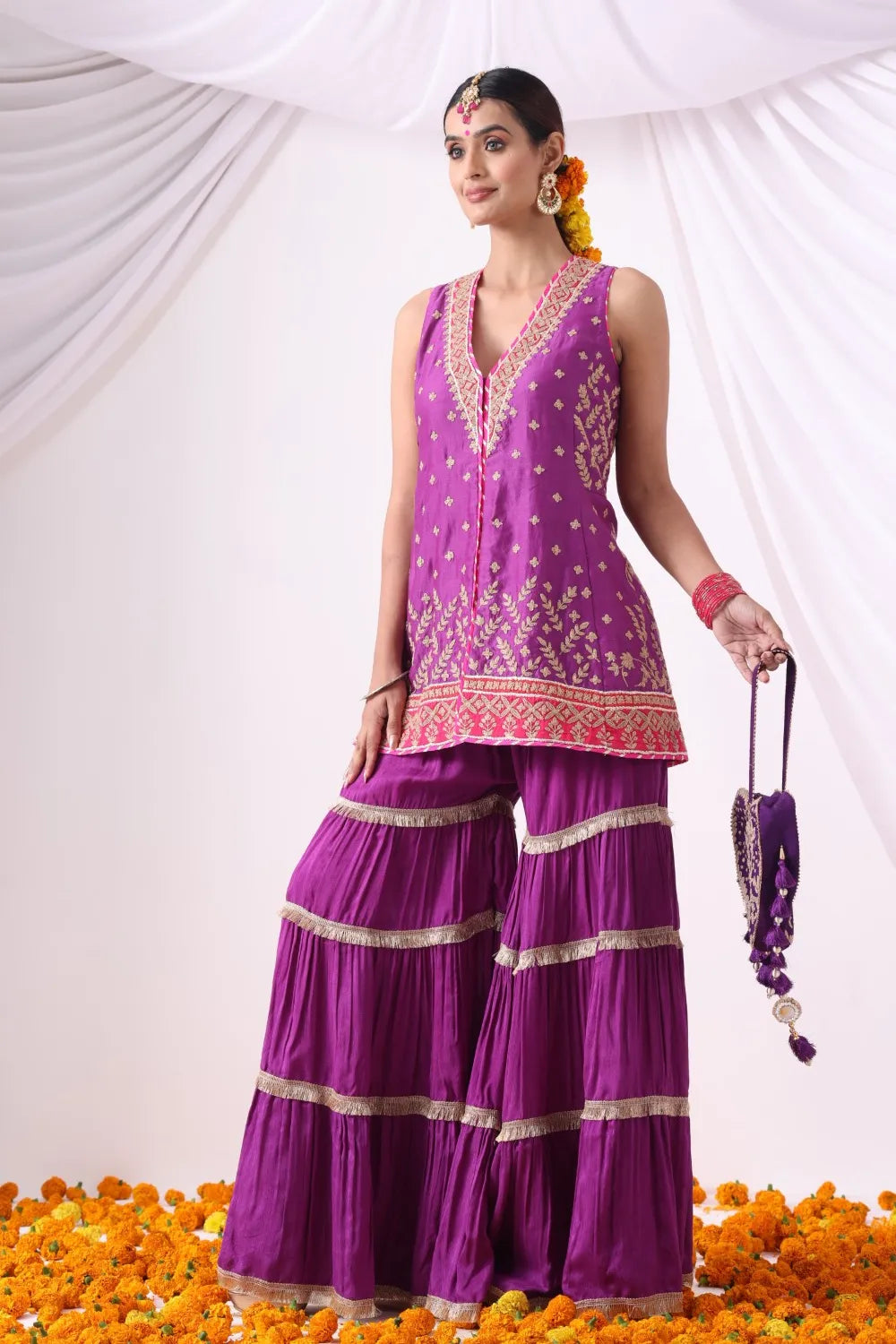 Warm Purple  Short Jacket with Gharara Set