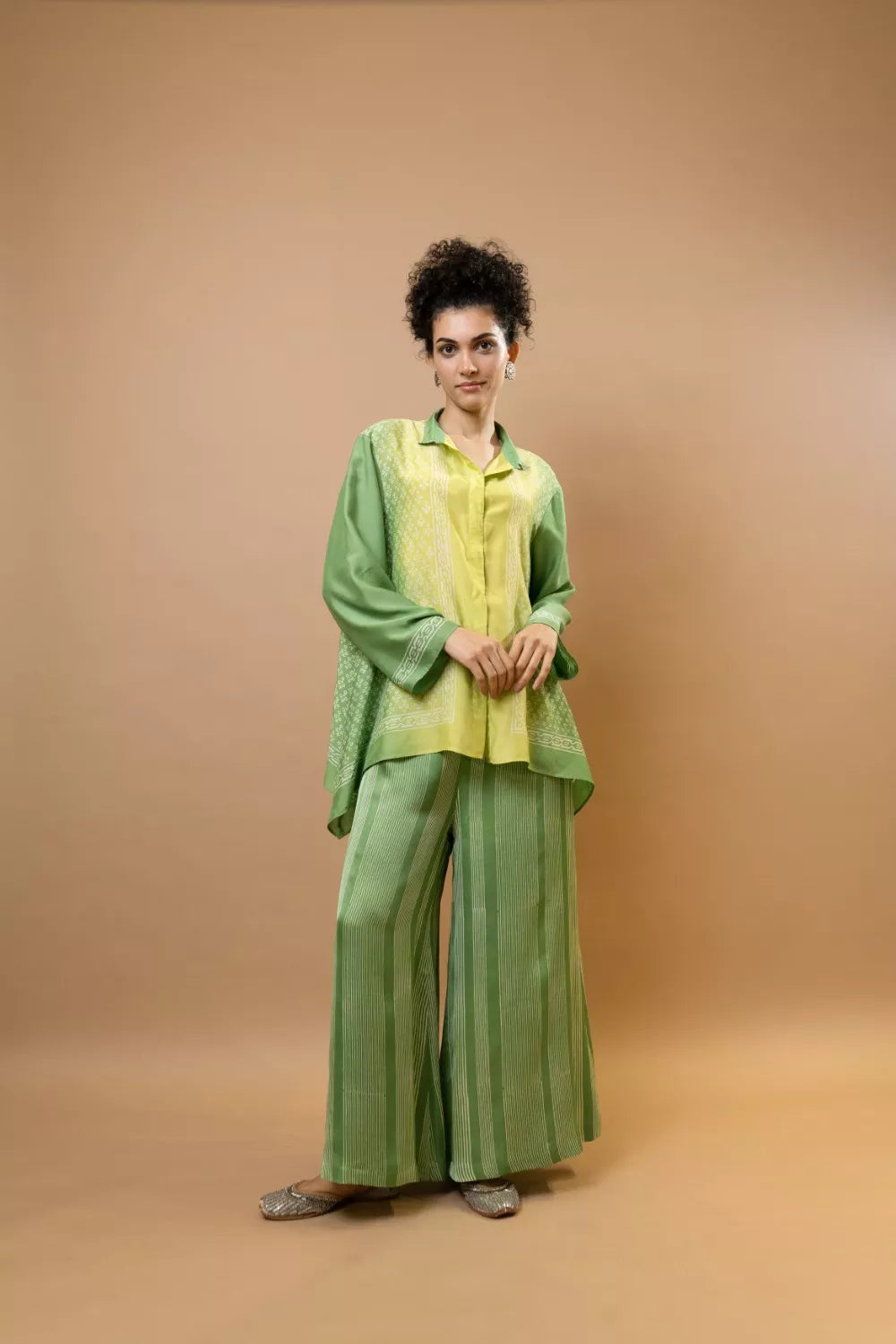 lime green ombre block-printed asymmetric shirt