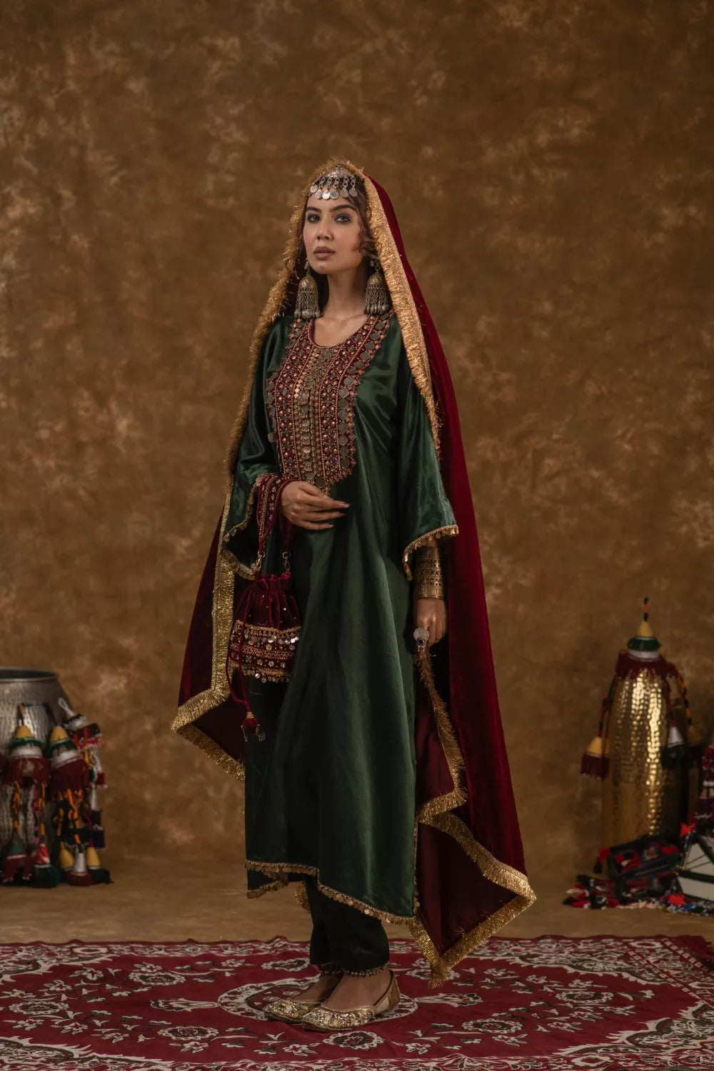 Zahra Dark Green and Maroon 3pc set