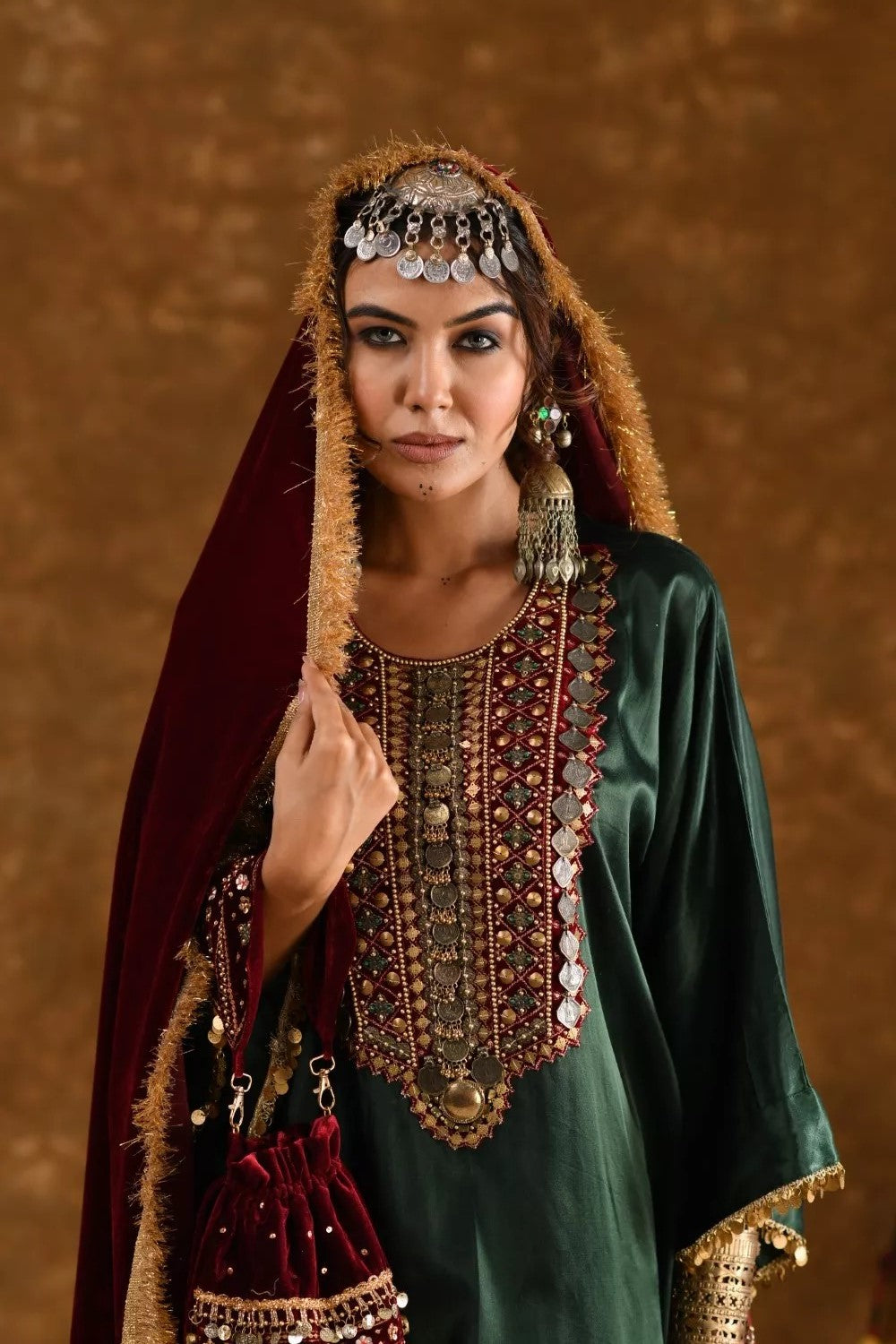Zahra Dark Green and Maroon 3pc set