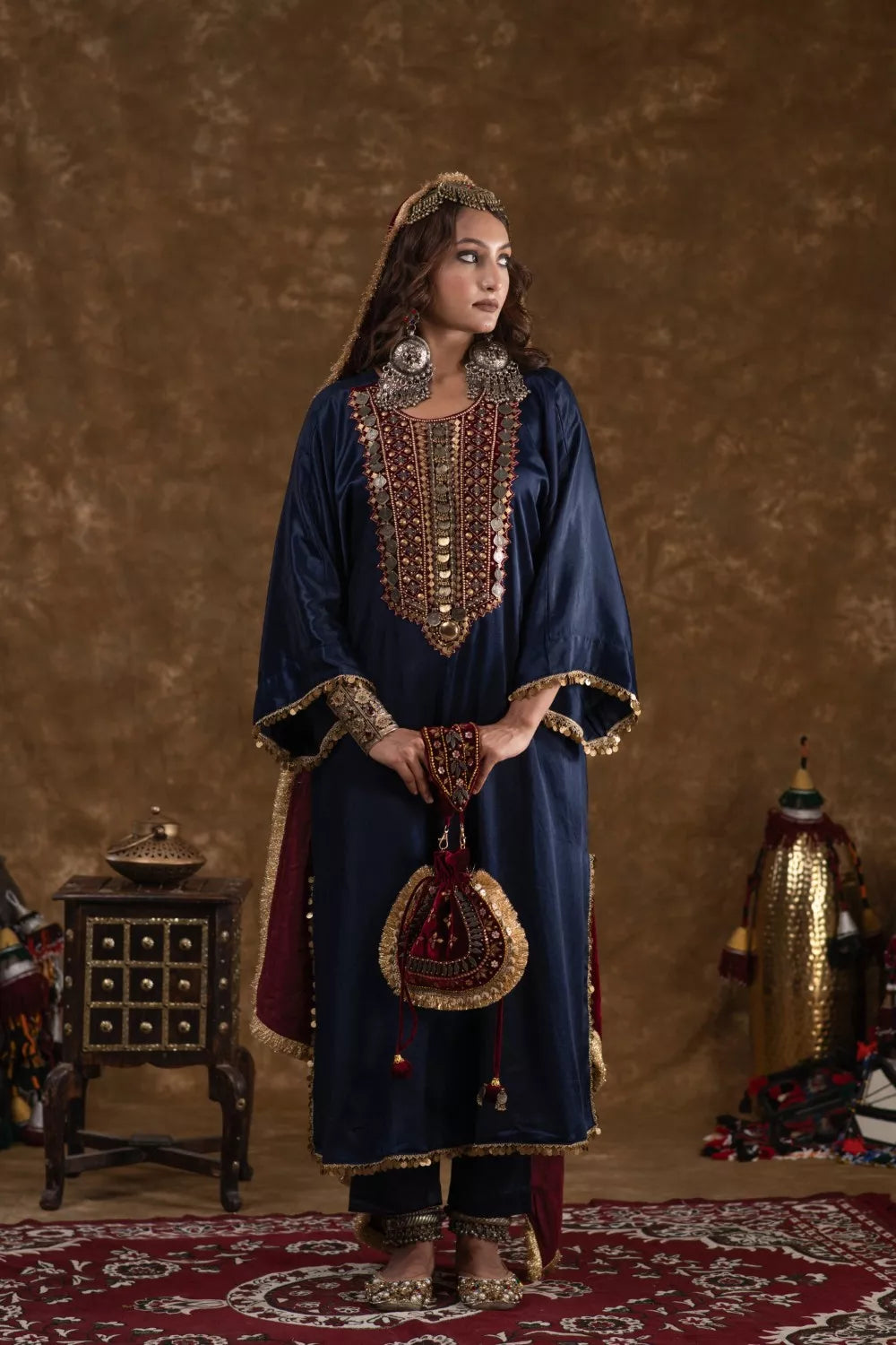 Zahra Navy Blue and Maroon 3pc set