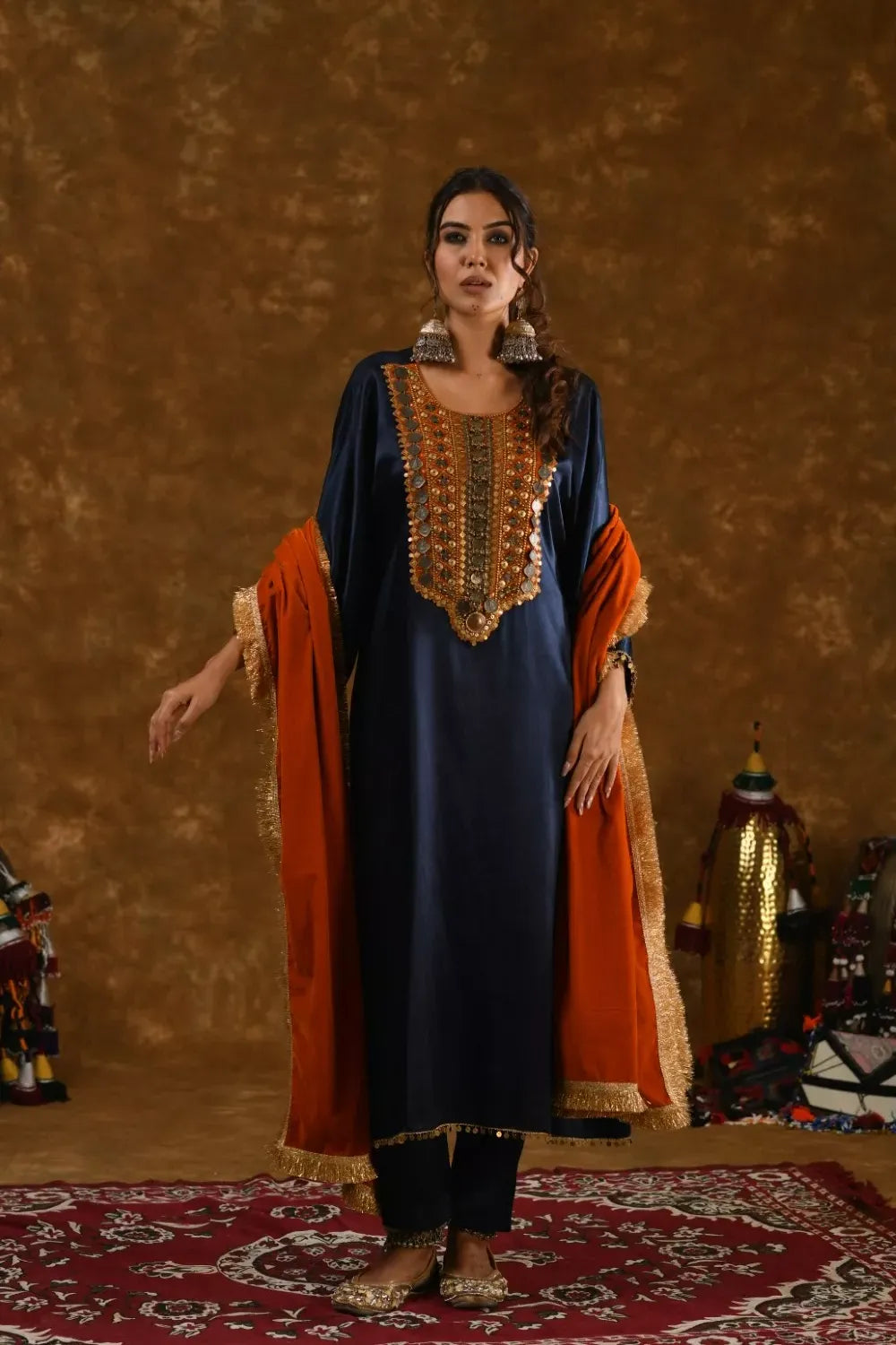 Zahra Navy Blue and Rusty Orange 3pc set